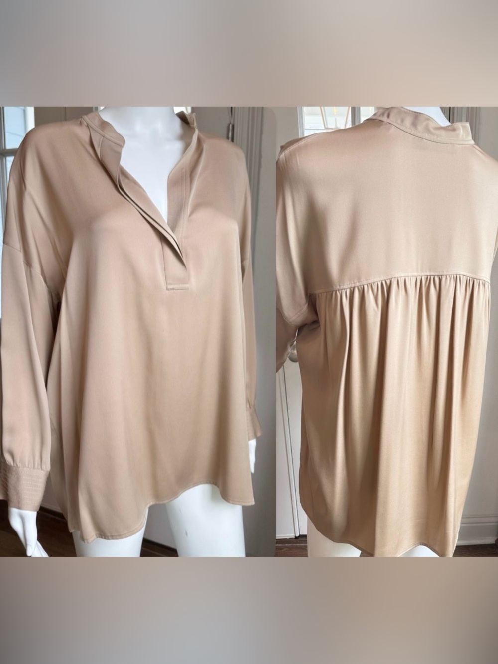 VINCE Silk Split Neck Tan Tunic